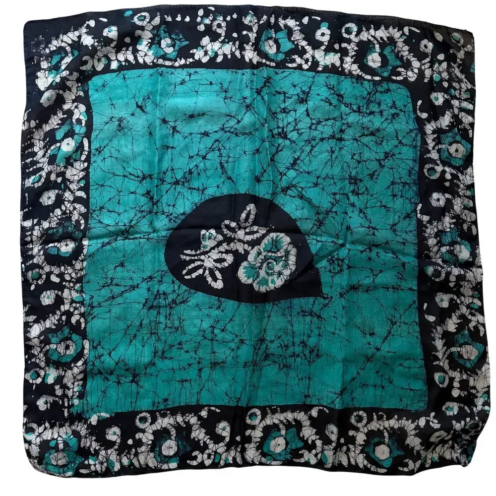 100% Silk Abstract Shibori Tie Dye Scarf Teal Blue Boho Eclectic Native Square